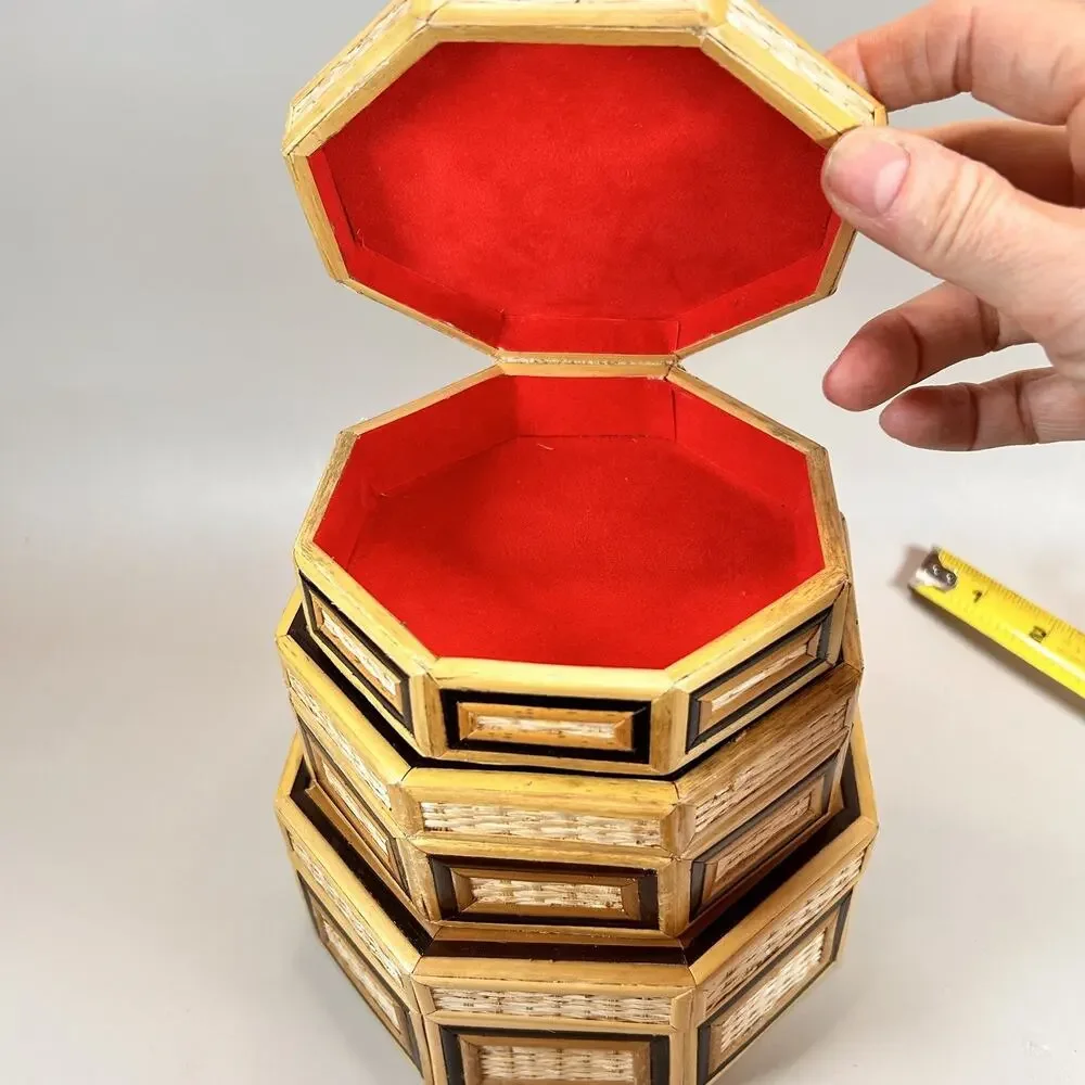 Vintage Bamboo Wicker Hexagon 3 Nesting Jewelry Trinket Boxes- EUC